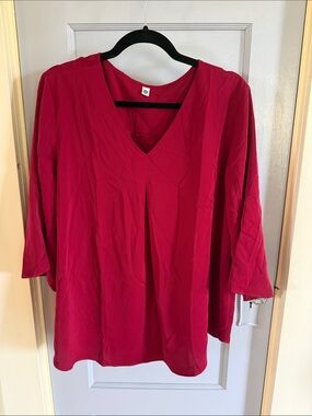 Unbranded Raspberry V-Neck Pleated Blouse